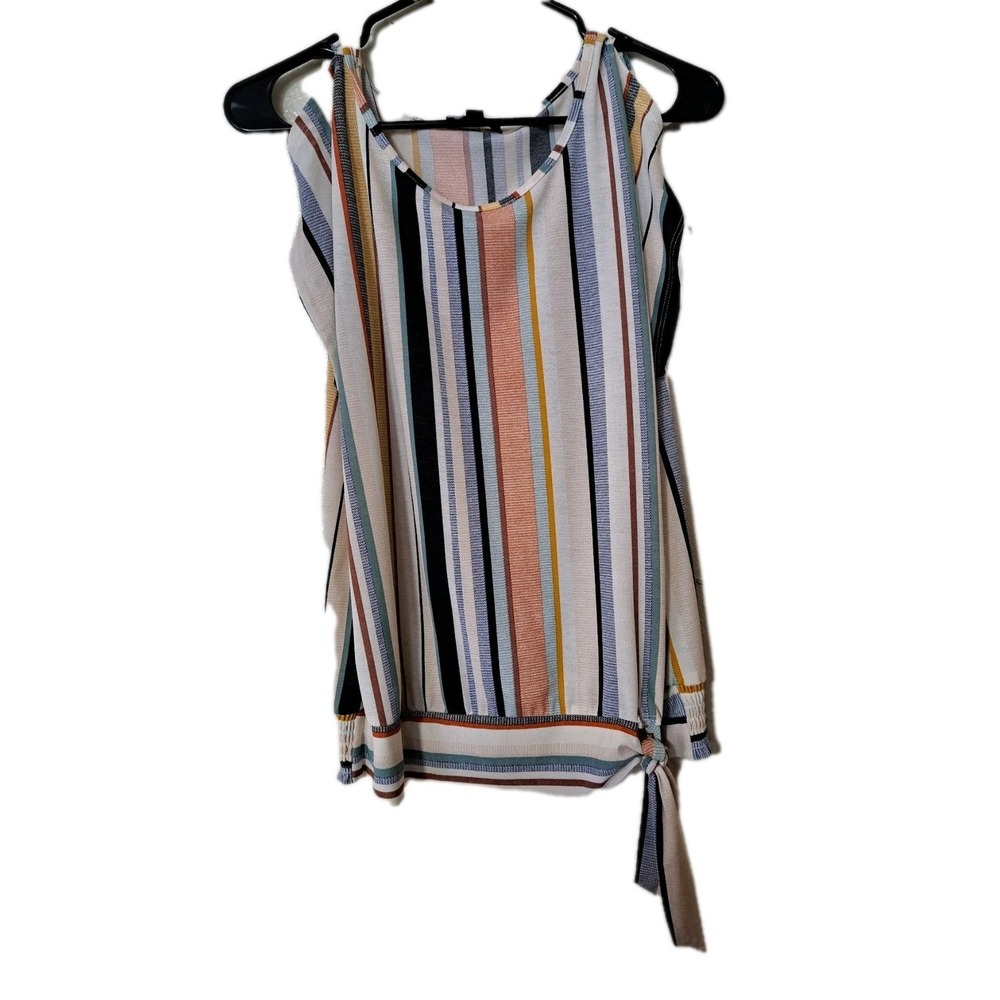 A.U.W Womens Blouse Striped Small Cold Shoulder Tie Knot Multi Color